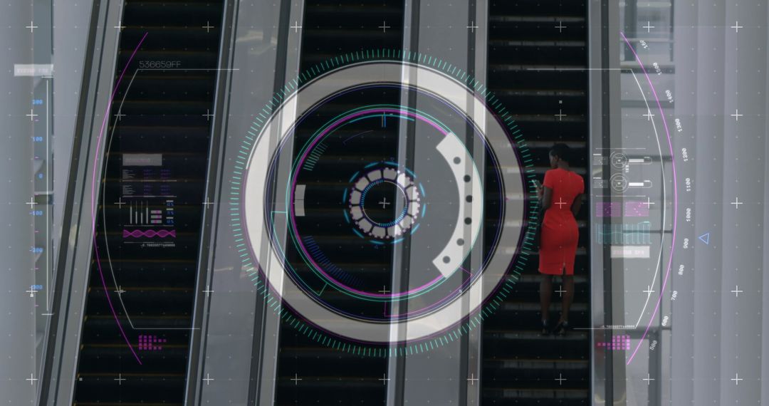 Futuristic Interface with Diverse Businesswoman on Escalator