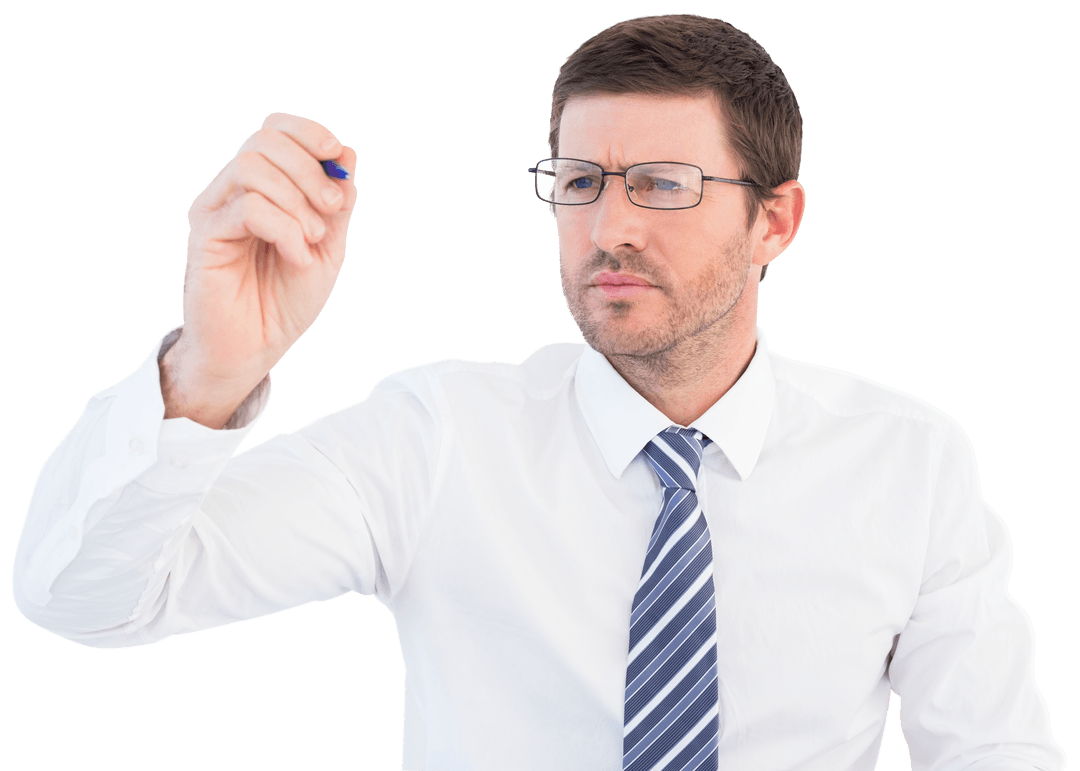 Focused Businessman Writing on Transparent Surface