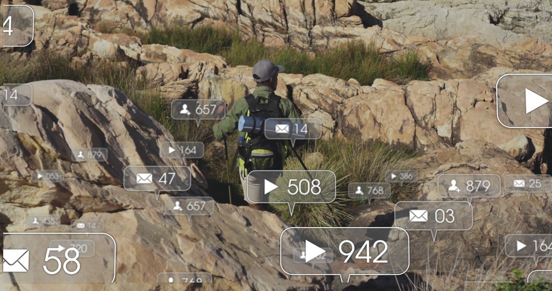 Adventurous Hiker with Social Media Overlay