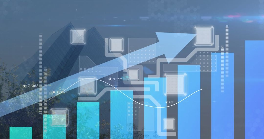 Digital Data Analysis Over Cityscape with Blue Sky