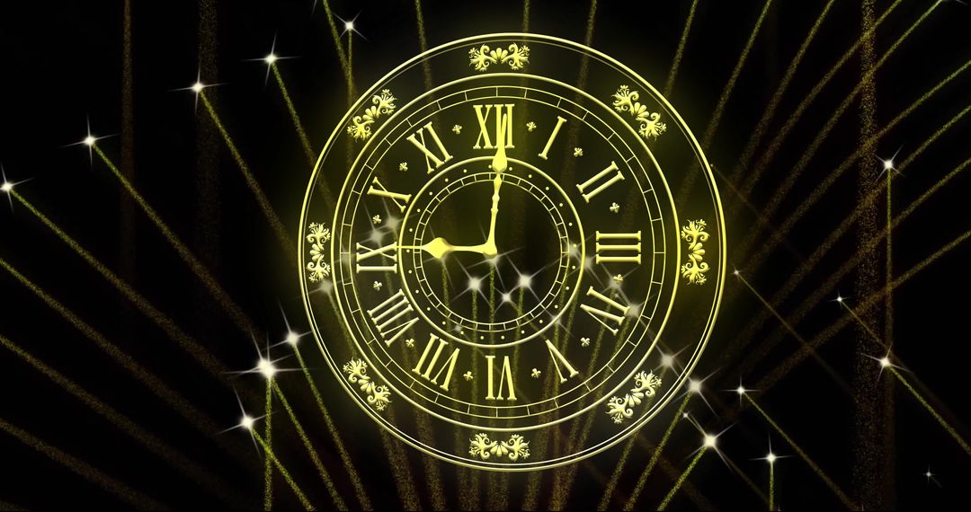Glowing New Year's Clock Striking Midnight with Sparkling Fireworks