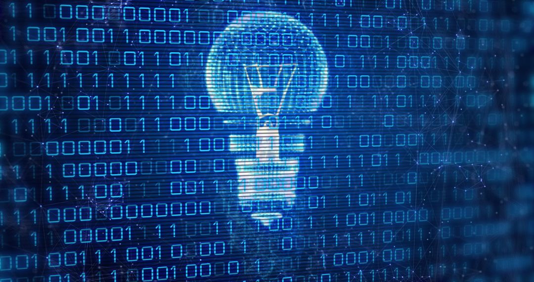 Glowing Digital Light Bulb Surrounded by Binary Code