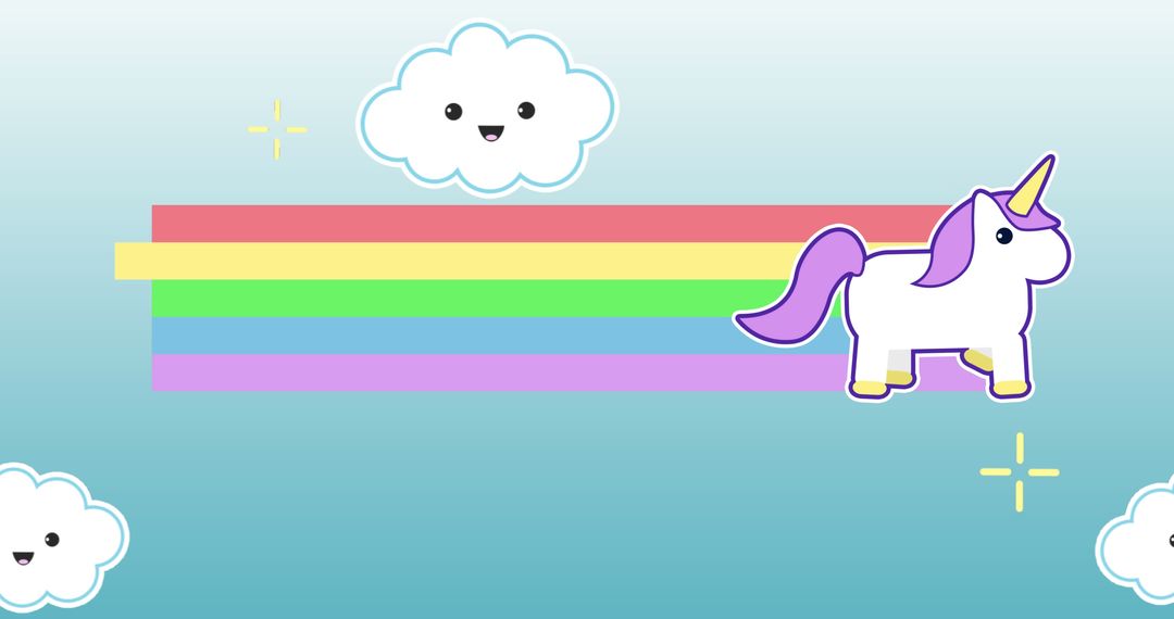 Cute Unicorn with Happy Clouds on Colorful Rainbow