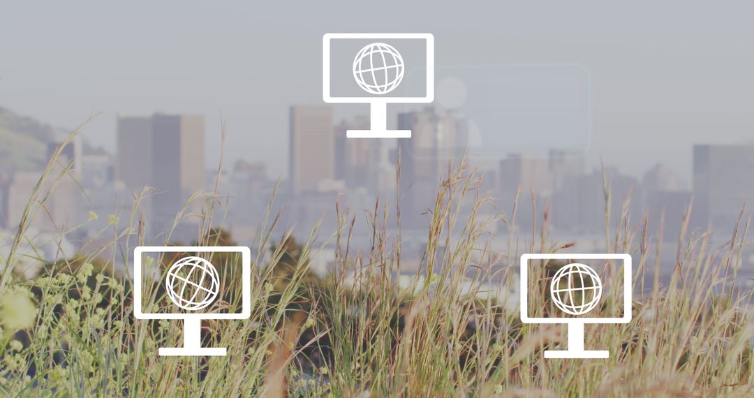 Digital Network Icons Overlooking Urban Cityscape