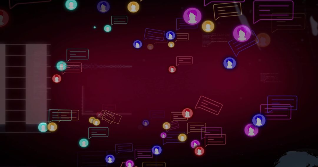 Neon Social Network Visualization with Floating Avatars and Chat Bubbles on Dark Dashboard