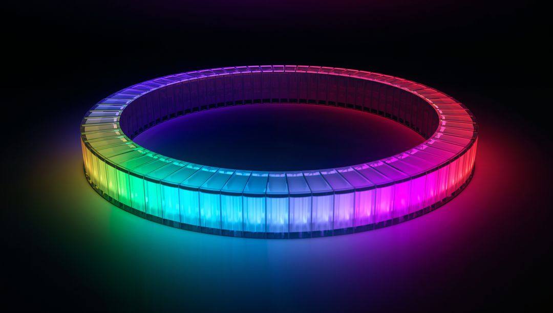 Glowing Rainbow LED Ring Installation with Reflective Neon Modules and Spectrum Gradient