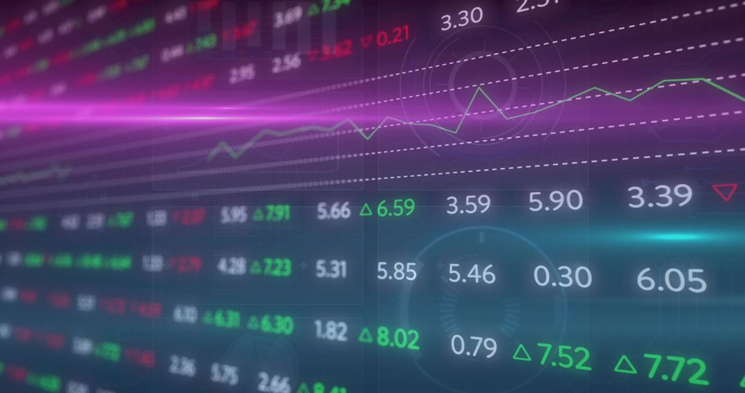 Holographic Market Dashboard Showing Live Stock Tickers Neon Analytics Interface Line Charts