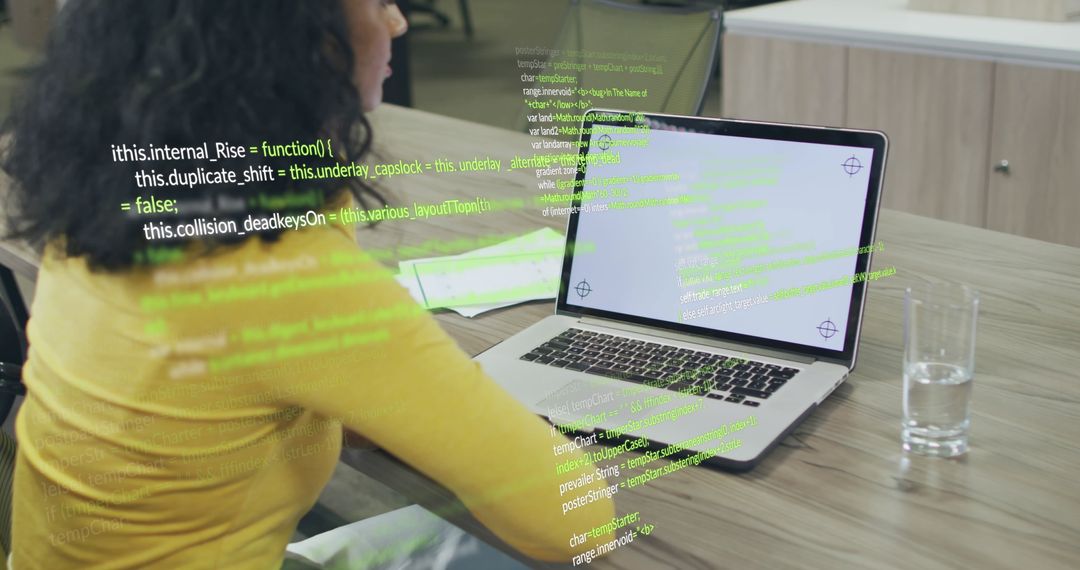 Businesswoman Engaged in Virtual Work Session with Digital Data Overlay