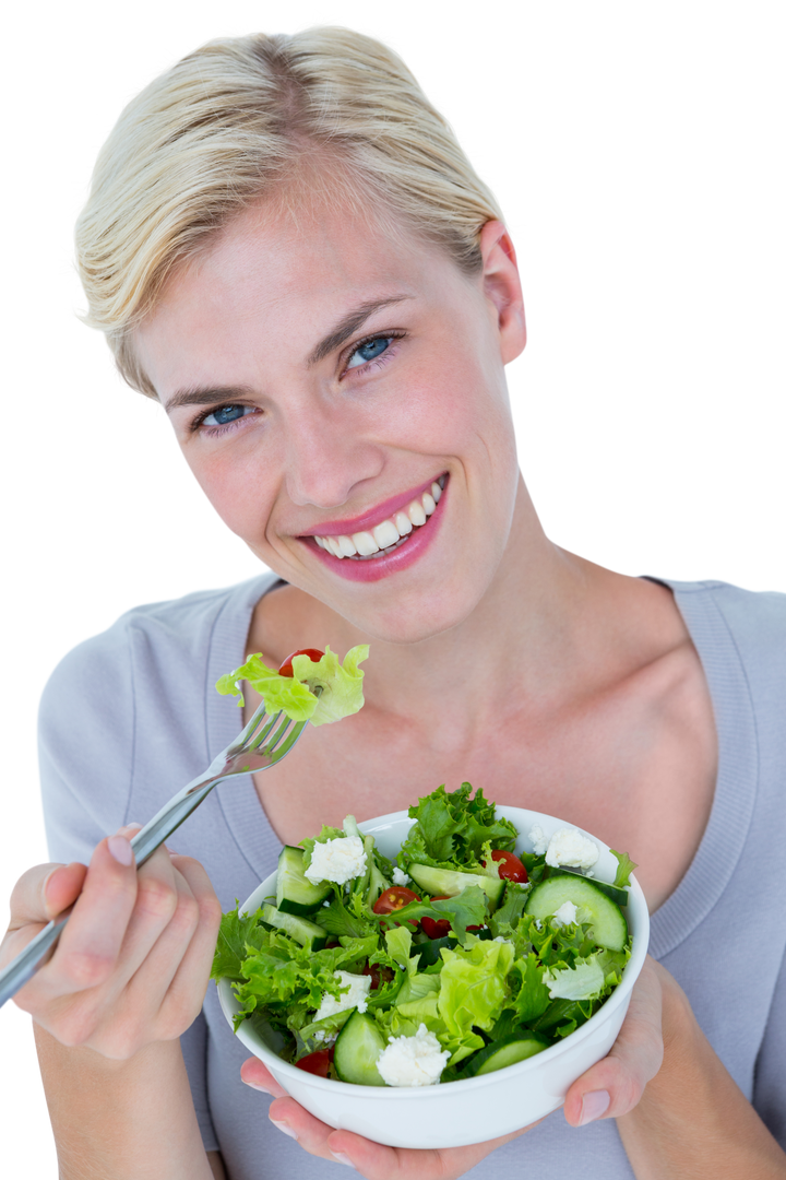 Happy blonde woman holding bowl of fresh green salad with smile, healthy eating transparent backgrou - Download Free Stock Images Pikwizard.com