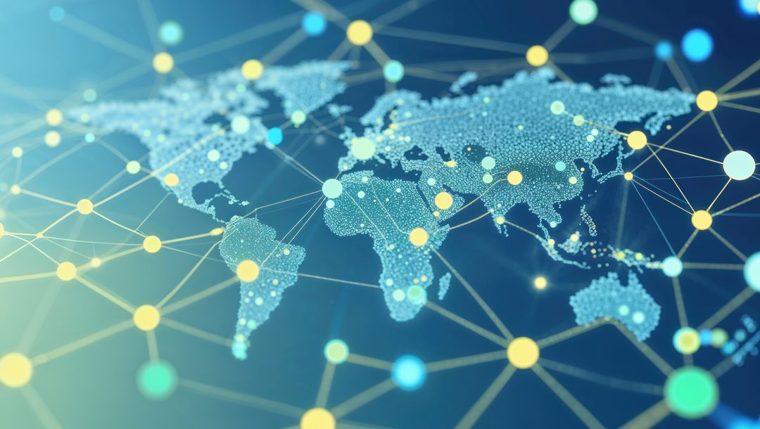 Dotted World Map with Glowing Nodes and Lines in Digital Space