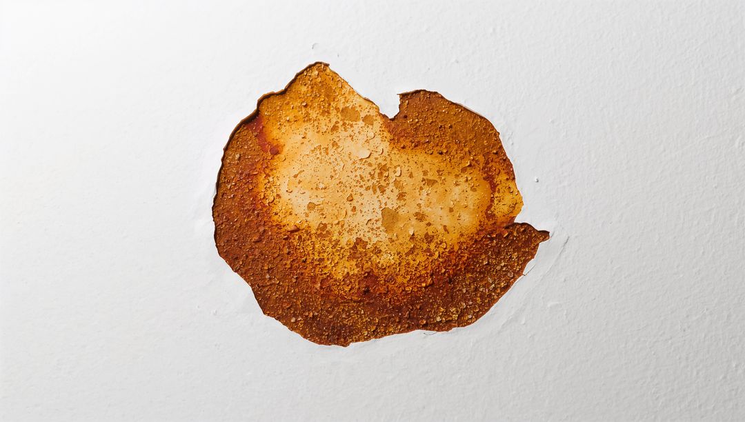 Peeling Paint Patch Revealing Stained Plaster Rust Mottled Texture with Curled Flakes