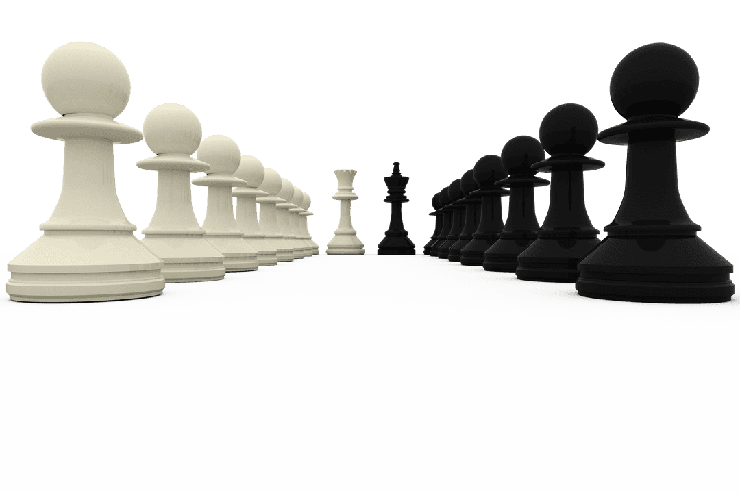 Transparent Chess Pawns with Black and White Kings in Alignment