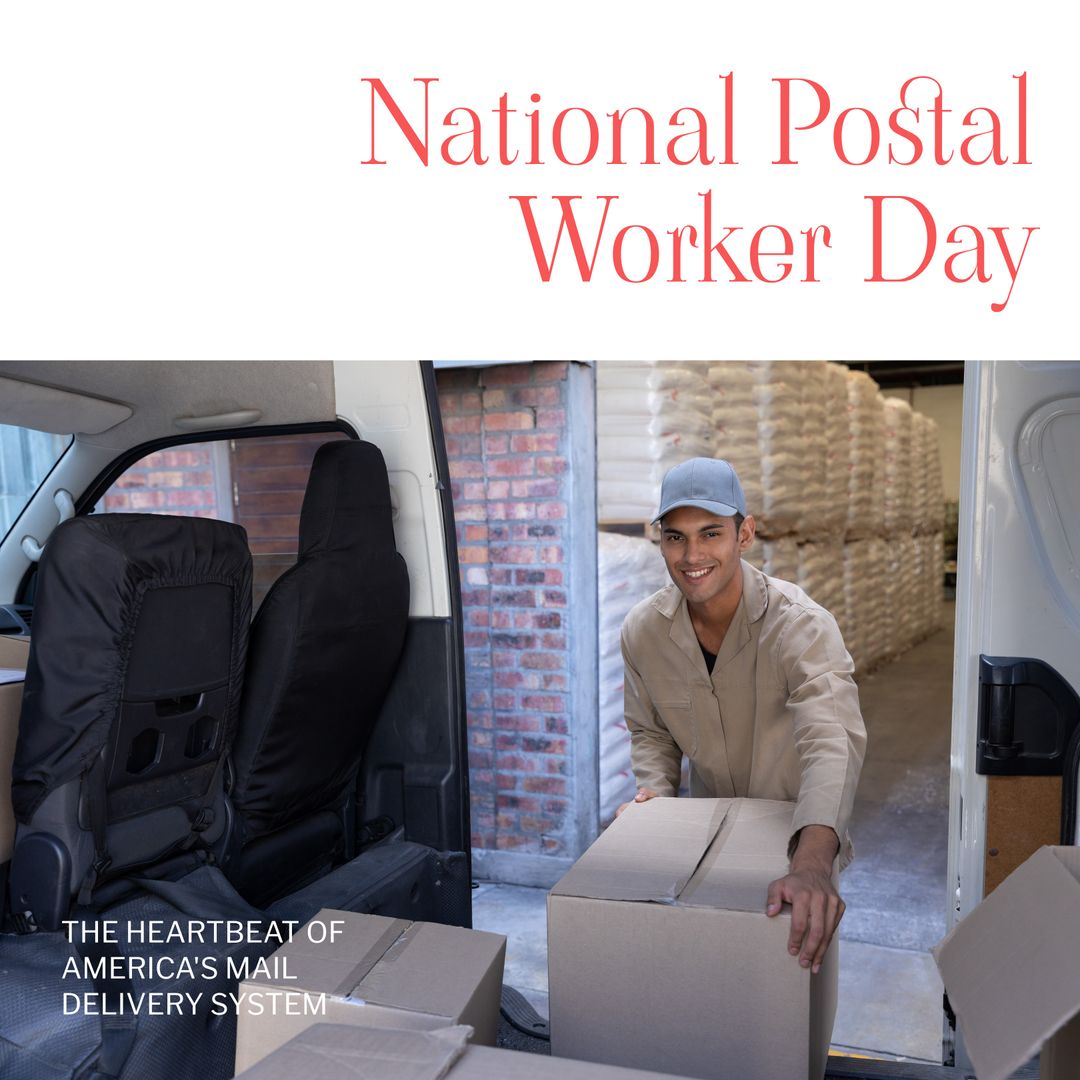 Smiling Delivery Worker Unloading Boxes from Van Celebrating National Postal Worker Day - Download Free Stock Templates Pikwizard.com