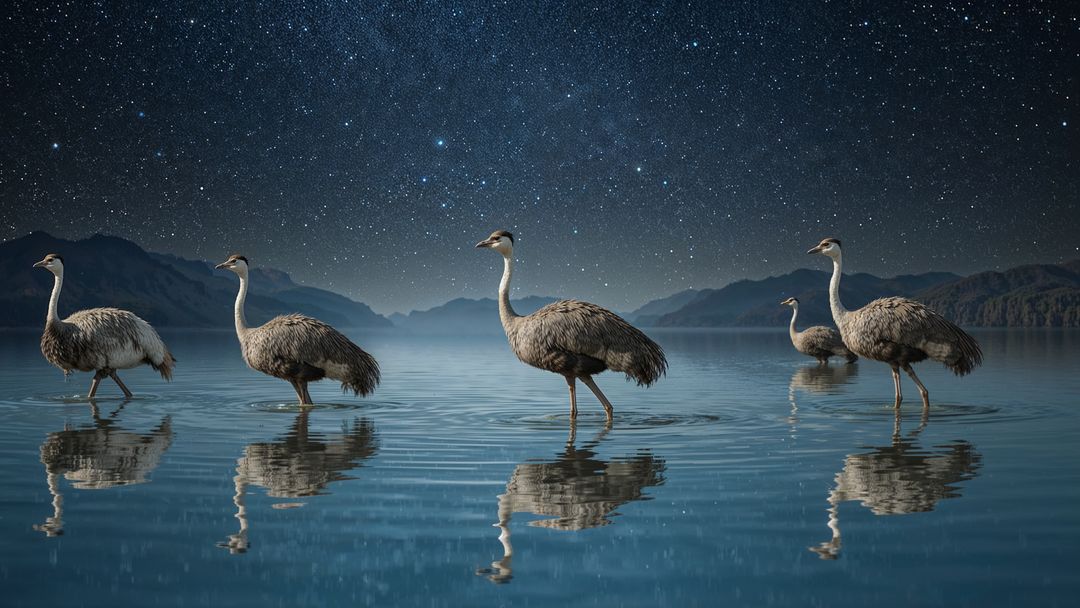 Nocturnal flightless emu waterbirds wading under starry sky reflecting tranquility