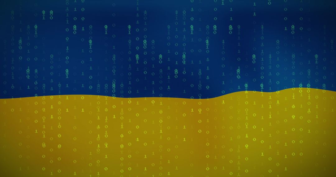 Binary Code Overlay on Ukraine Flag for Digital Concept