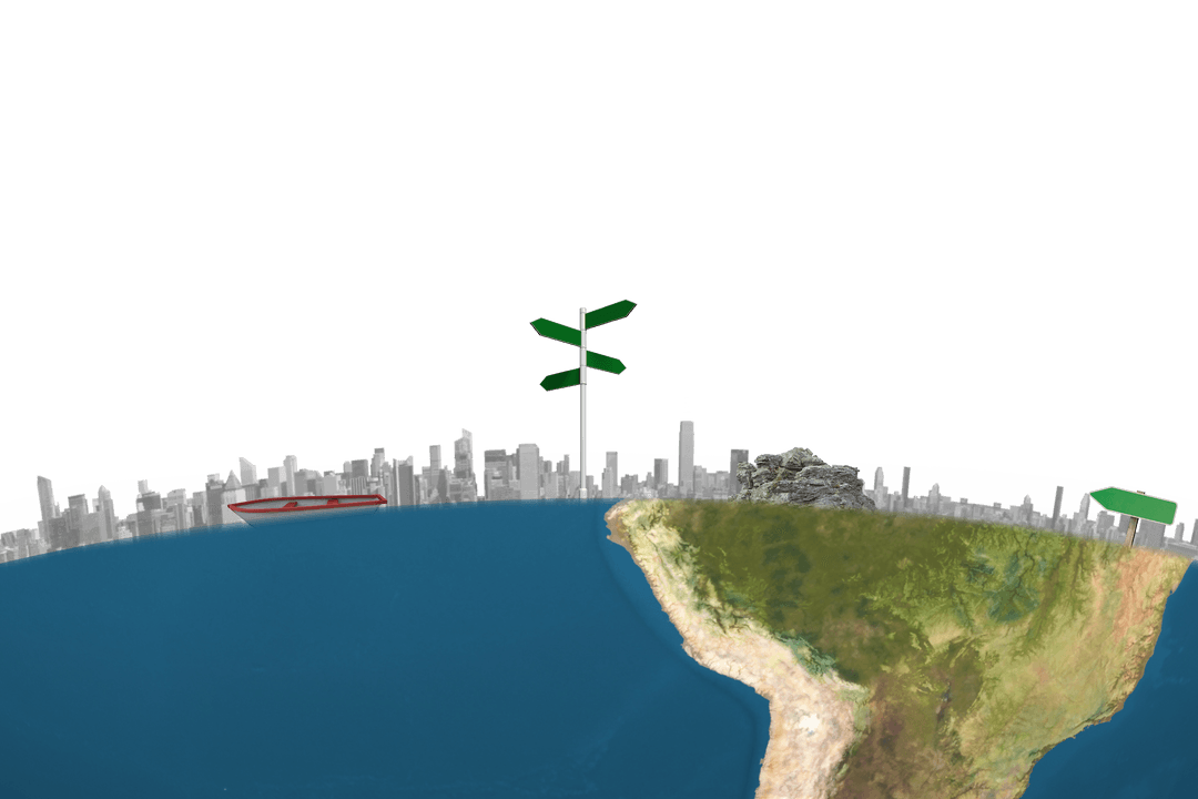 Transparent Globe Illustration with Cityscape and Directional Signs