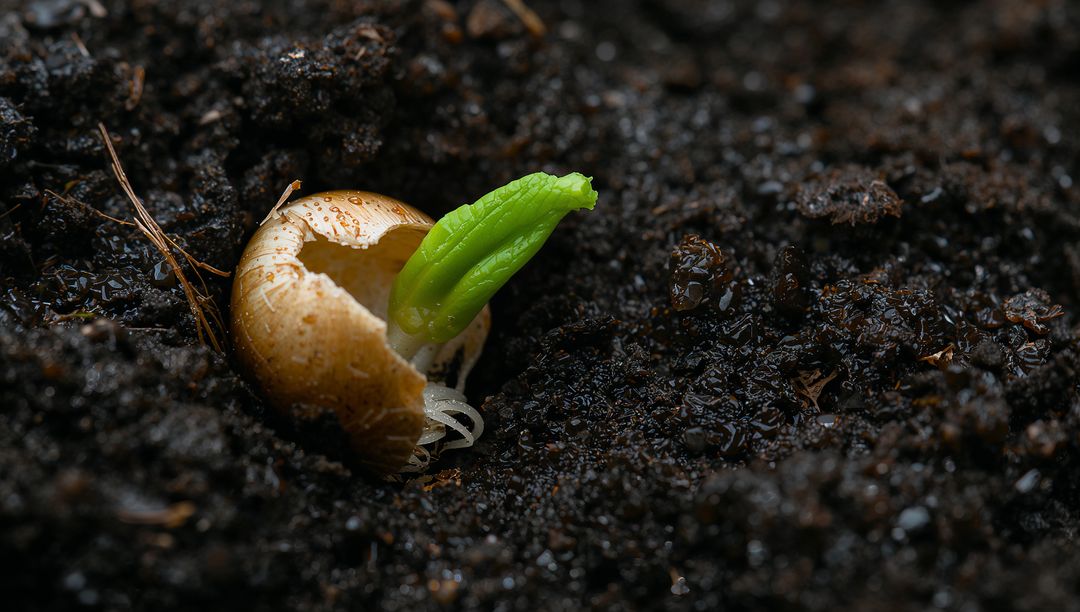 Seedling pushing through cracked seed coat in moist potting soil with fresh green shoot