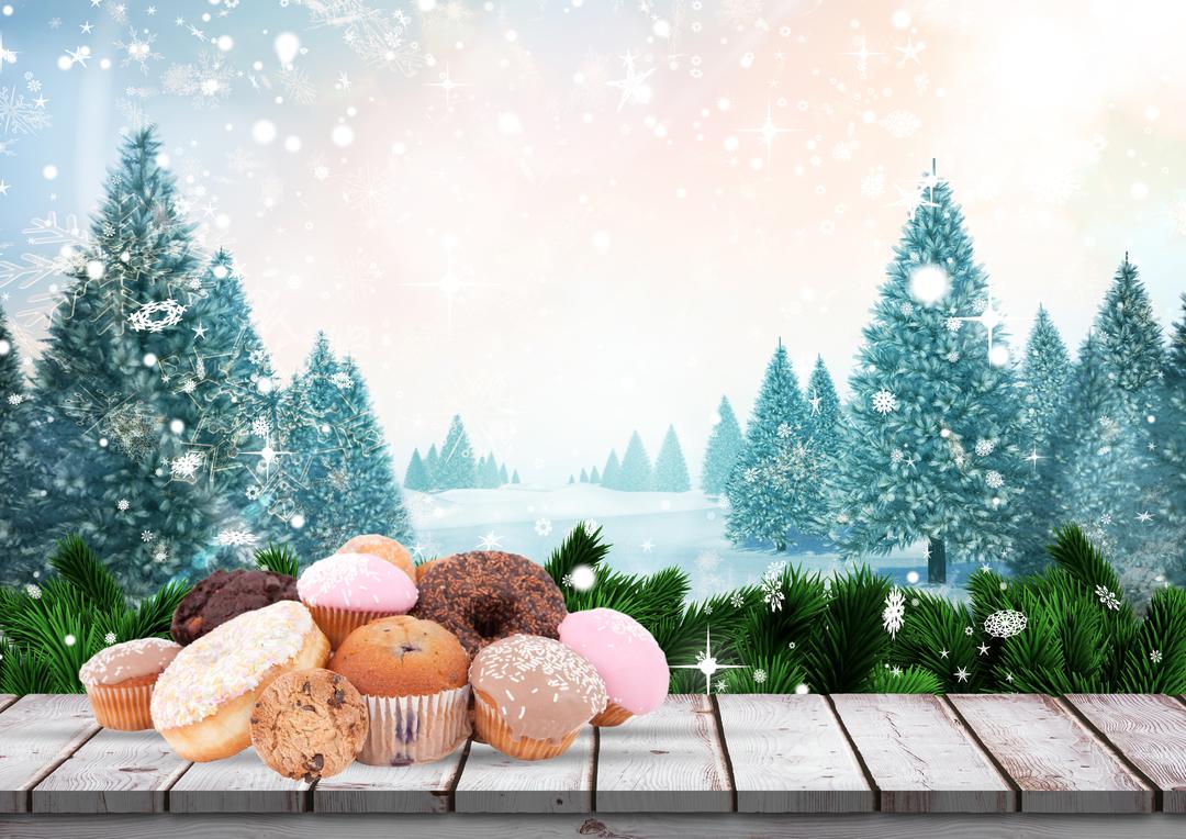 Various cupcakes on wooden table with pine trees and snowflakes in background - Free Images, Stock Photos and Pictures on Pikwizard.com