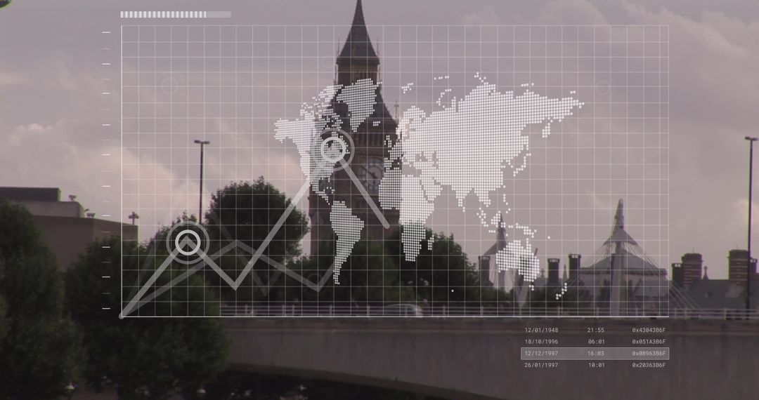 Financial Data Overlay on London Skyline with Global Map