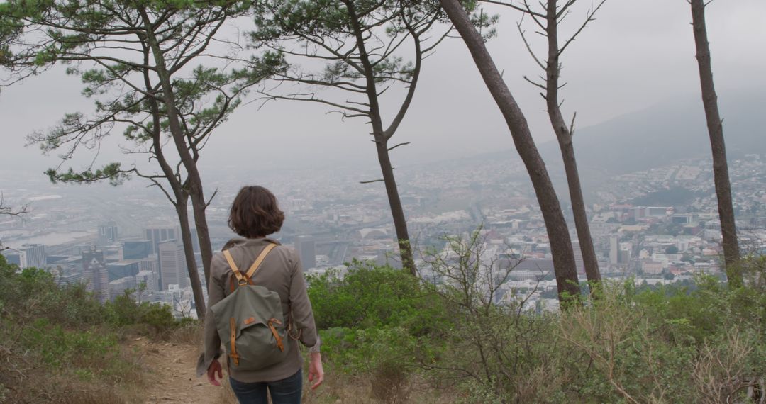 Woman Hiking in Nature Overlooking Cityscape on Cloudy Day - Free Images, Stock Photos and Pictures on Pikwizard.com