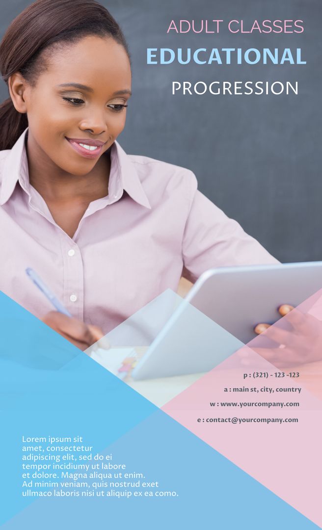 Engaged Woman Using Tablet for Adult Learning Promotion