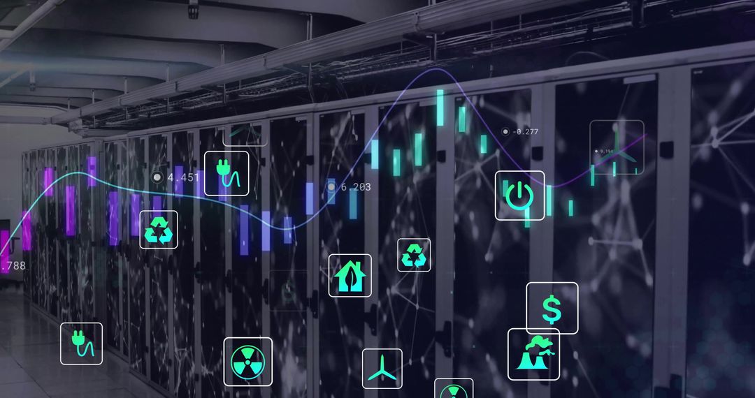 Eco Icons with Data Visualization over High-Tech Server Racks
