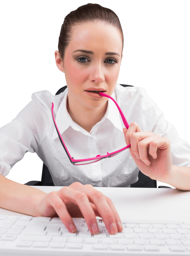 Transparent Professional Woman Focusing While Working with Pink Glasses