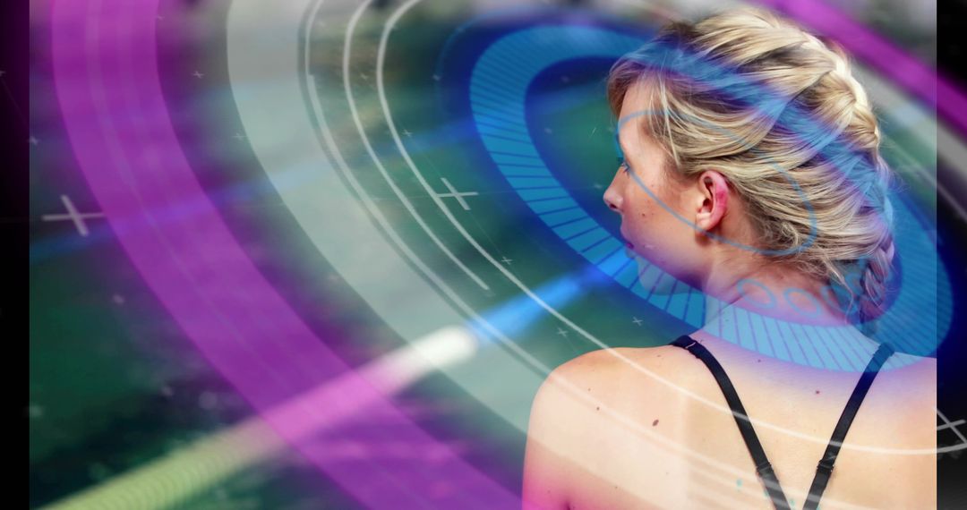 Woman Engaging with Futuristic Digital Interface Over Playing Field