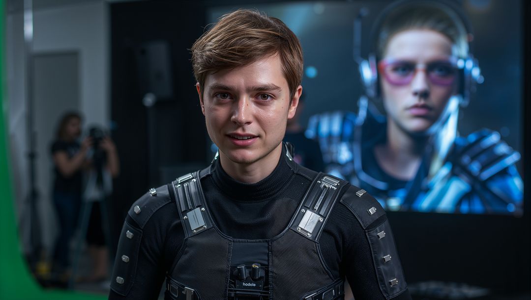 Motion Capture Actor Wearing High-Tech Sensor Suit with Chest Rig in Virtual Production Studio
