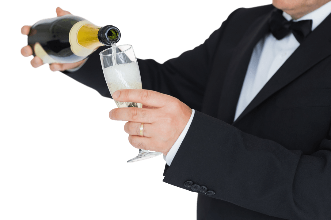 Waiter in Suit Pouring Champagne Into Transparent Flute