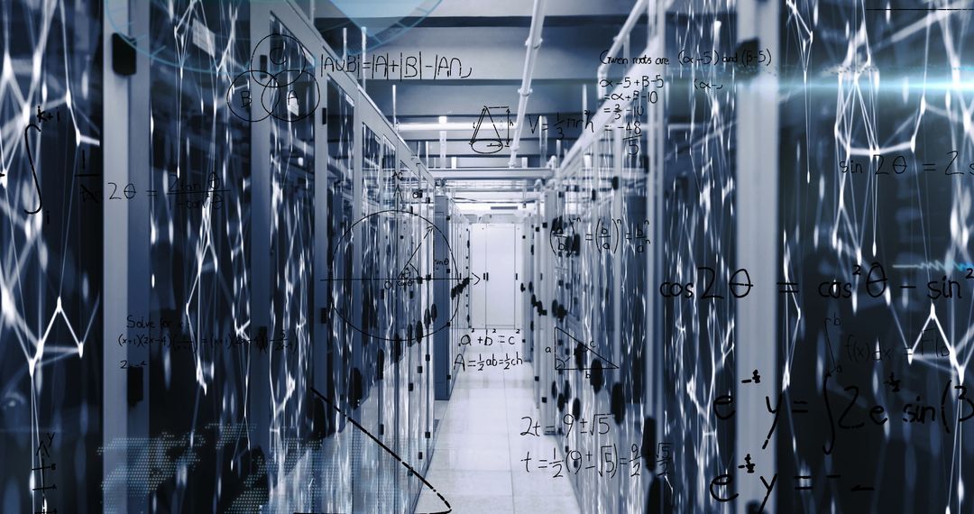 Advanced Equations Superimposed Over Sleek Data Center Aisle