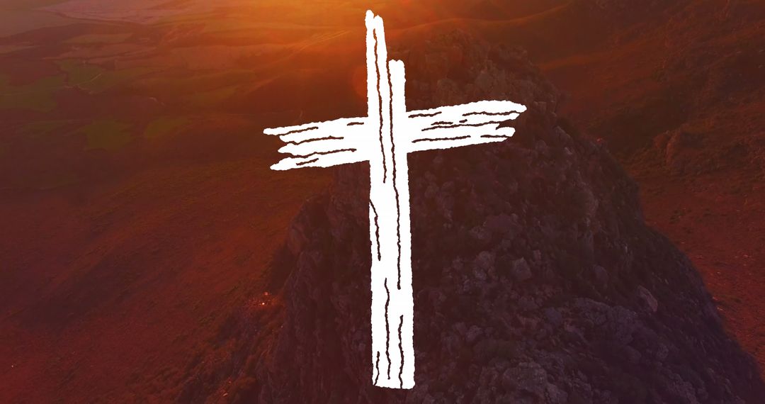 Abstract White Crucifix Over Mountain Landscape at Sunrise