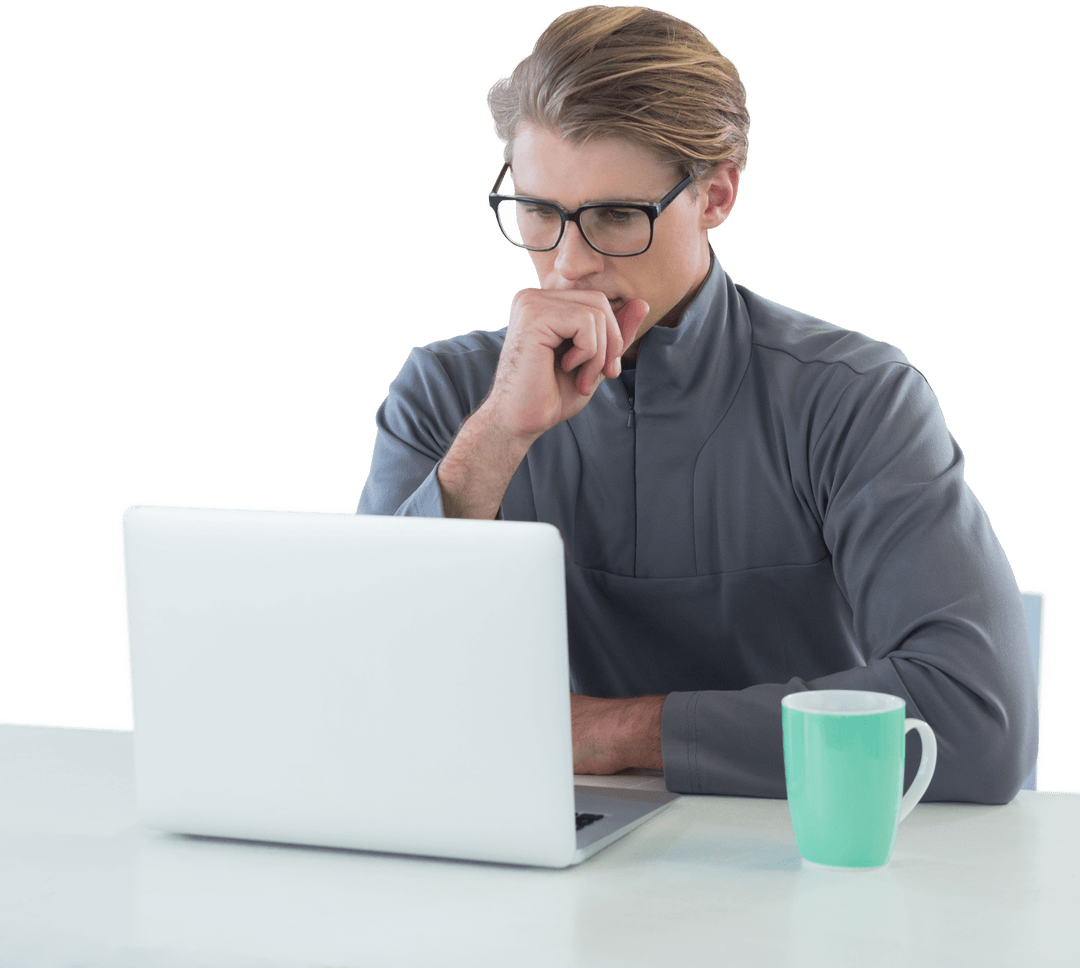 Businessman Deep in Thought Using Laptop at Table, Transparent Background