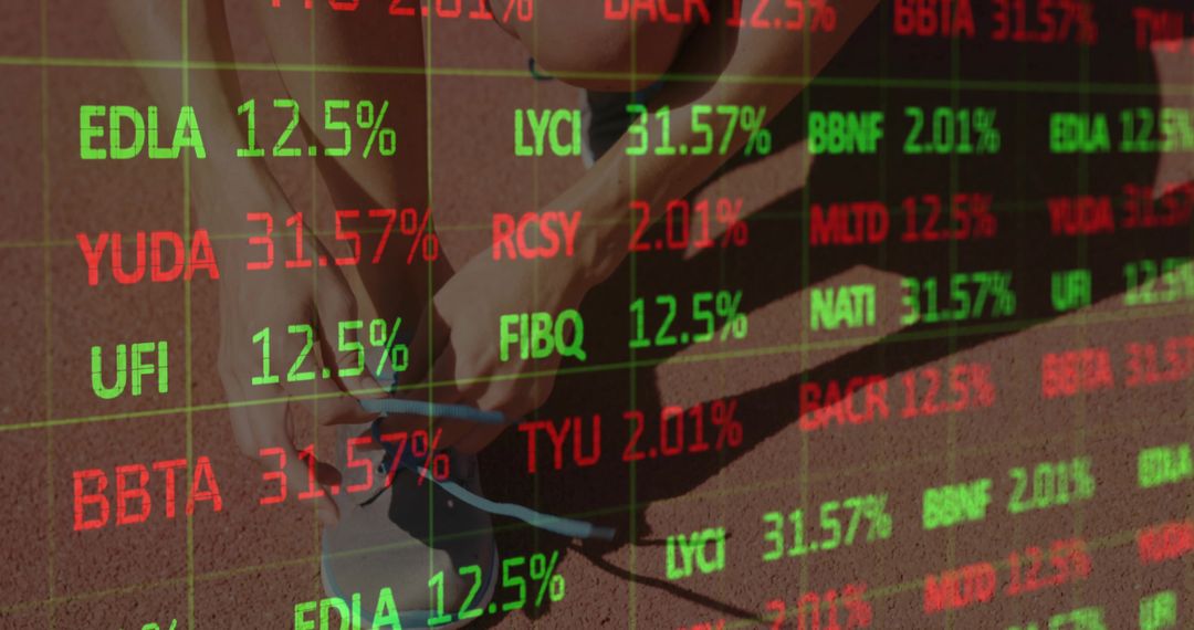 Runner tying shoe laces on outdoor track with green and red financial ticker overlay