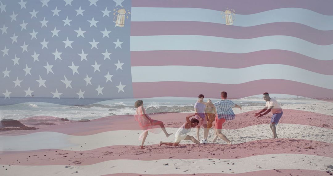 Diverse Friends Enjoying Beach Football Under U.S. Flag Overlay