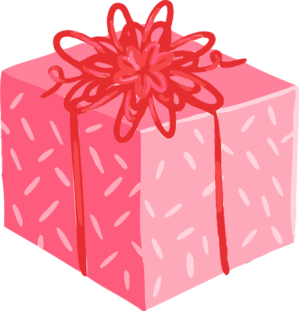 Illustrated Pink Gift Box With Red Ribbon on Transparent Background