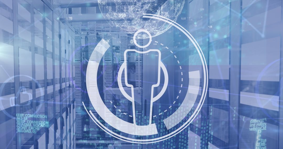 Digital Oversight in a Server Room with Human Interface Icon