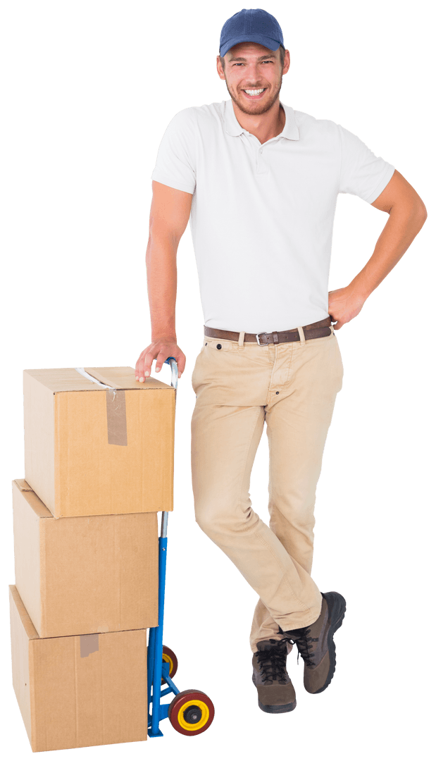 Transparent Delivery Man Leaning on Cart with Boxes Smiling