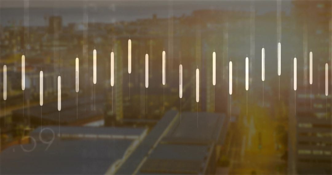 Futuristic Urban Skyline with Glowing Vertical Bars Over Overlay