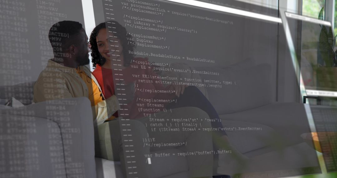 Couple Discussing Code on Sofa with Programming Overlay in Minimalist Living Room