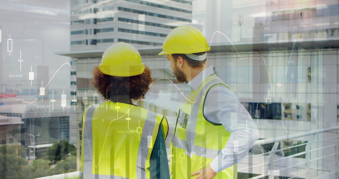 Architects Analyzing Cityscape with Data Overlay on Rooftop