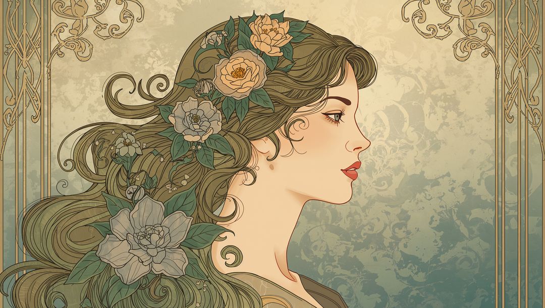 Art Nouveau Portrait with Ornate Floral Design and Elegant Details