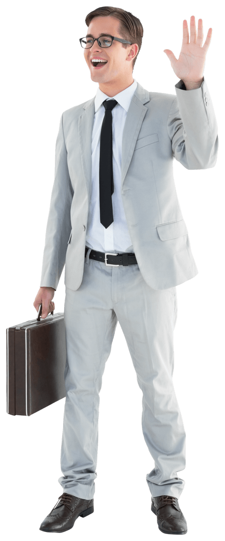 Transparent Man Greeting in Formal Suit with Briefcase