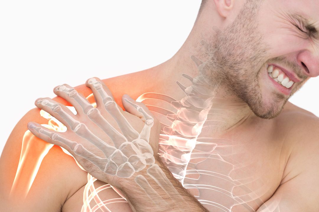 Digital composite of highlighted shoulder pain of man - Free Images, Stock Photos and Pictures on Pikwizard.com
