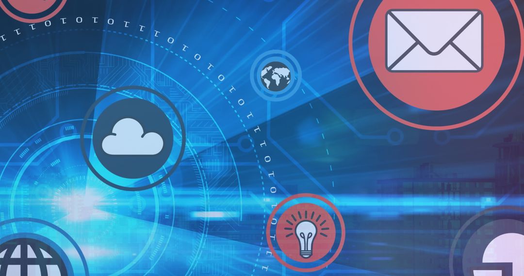 Futuristic Technology Icons Overlaying Cityscape Background