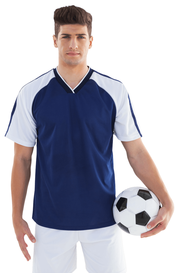 Confident Soccer Player Holding Football Against Transparent Background