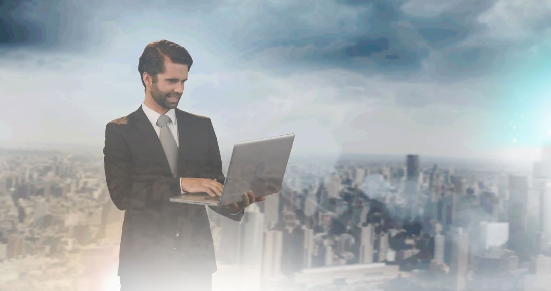 Businessman Strategizing with Laptop Over Futuristic Cityscape