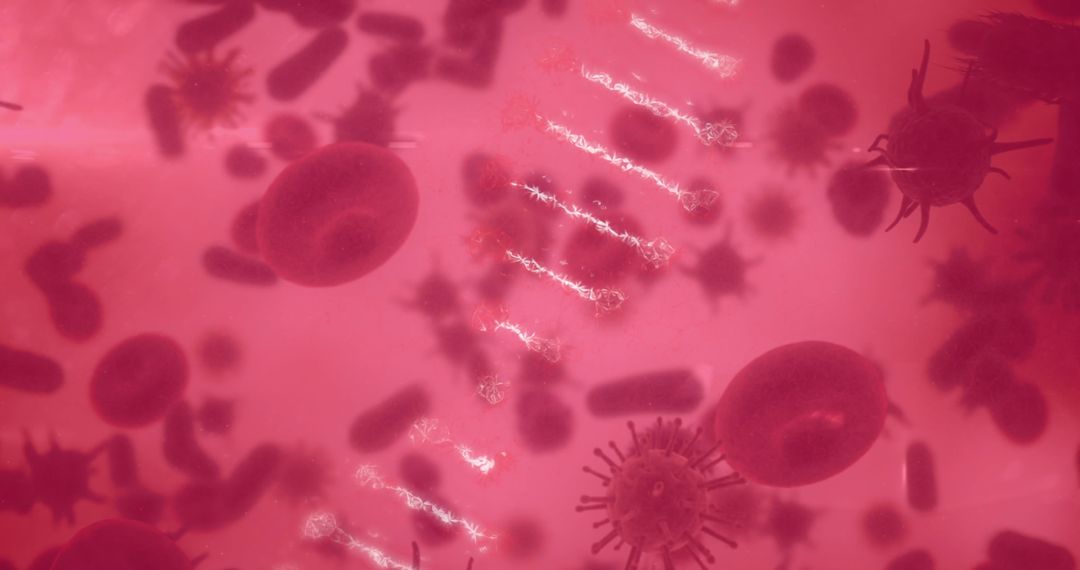 Rotating DNA Strand and Digital Cell Icons with Red Background