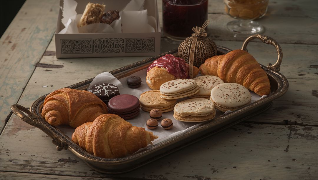 Rustic French Pastry Platter with Croissants Macarons and Chocolates on Antique Tray