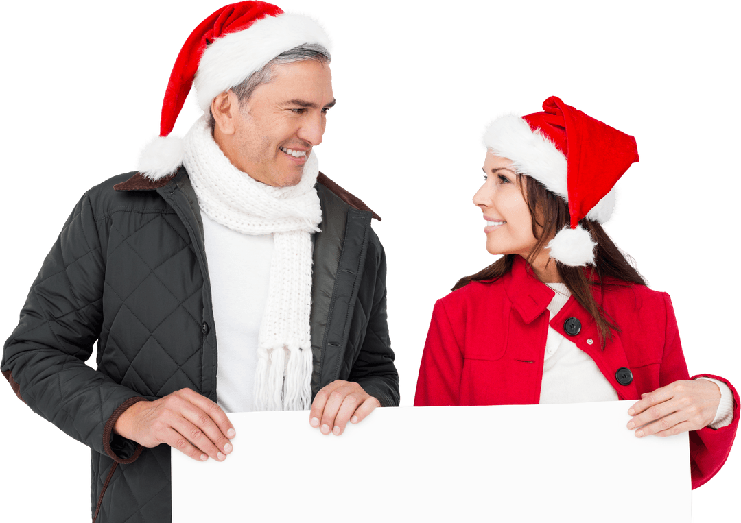 Happy Couple with Santa Hats Holding Large Transparent Poster